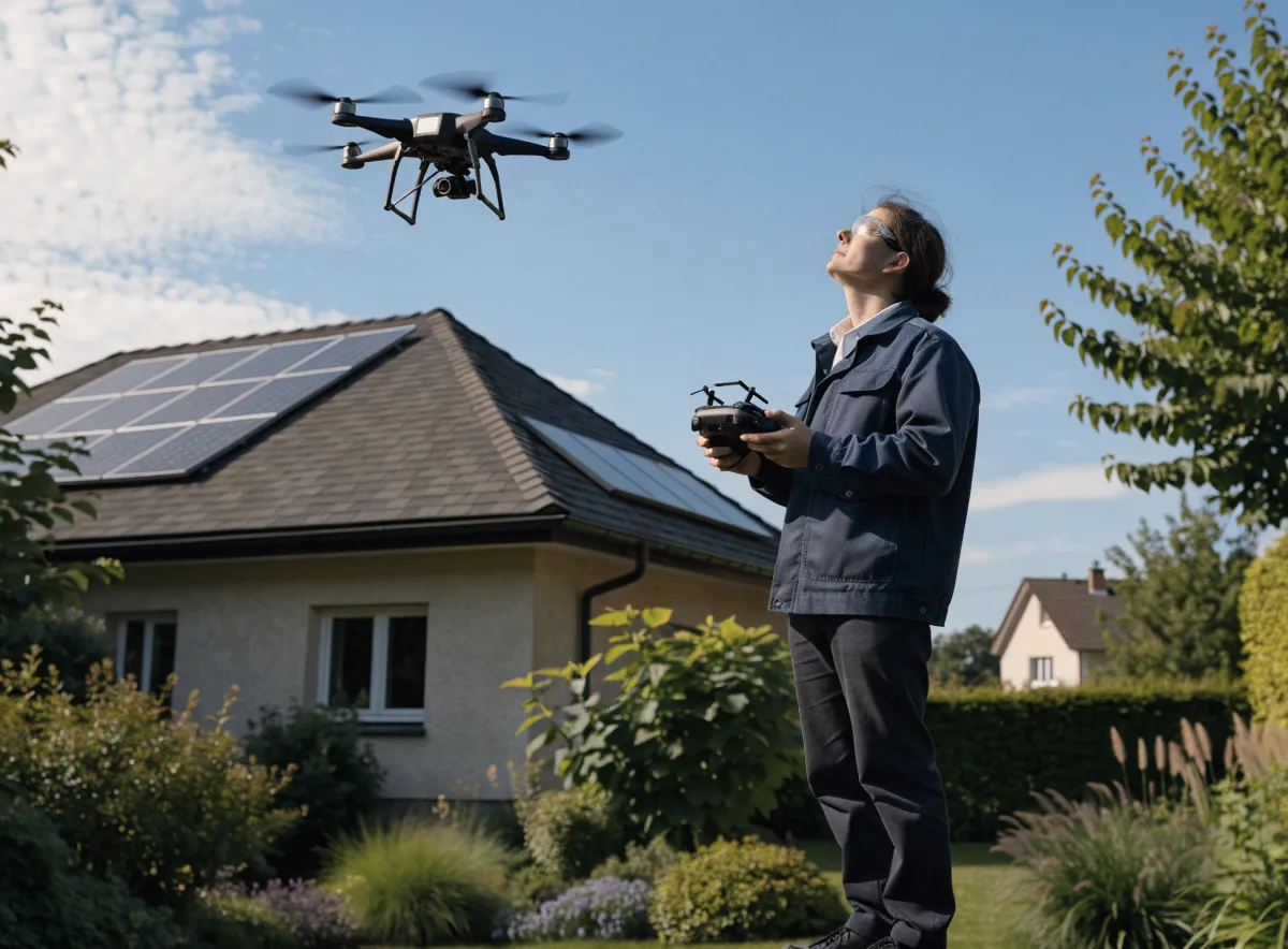 Technik riadi dron nad strechou s fotovoltikou