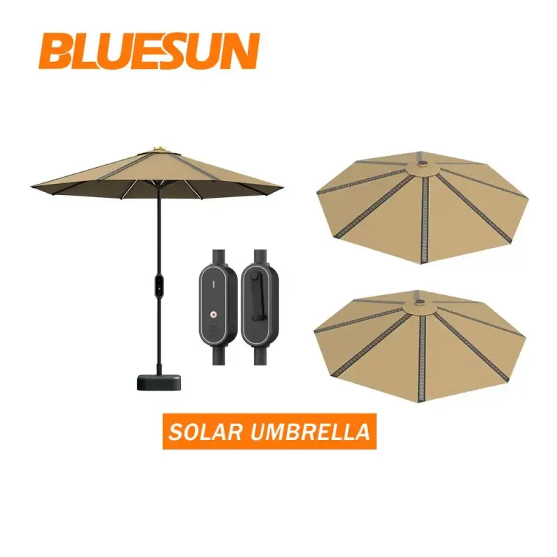 Solárny okrúhly dáždnik Bluesun. Slnečníky s USB nabíjačkou a LED osvetlením.