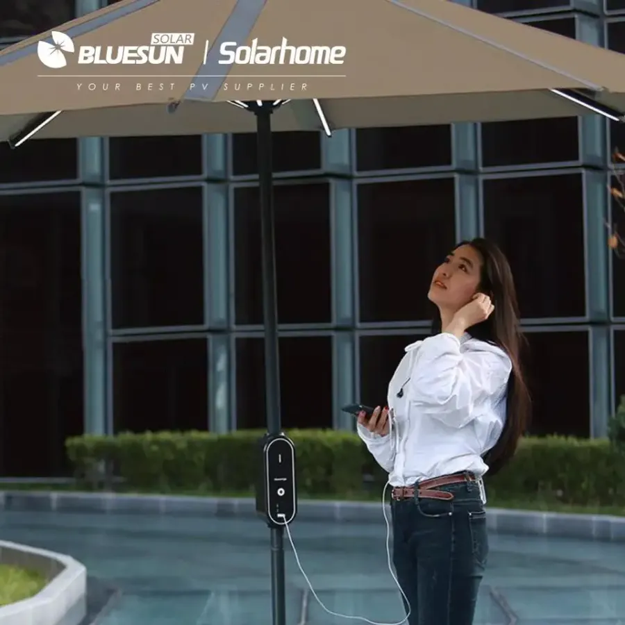 Solárny okrúhly dáždnik Bluesun. Slnečníky s USB nabíjačkou a LED osvetlením. – 7